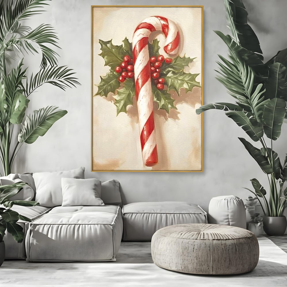 Tablou canvas cu pictura cu baston de zahar si frunze, in rama de aluminiu auriu, pe perete intr-un living